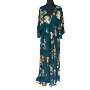 BalticBorn XXL Teal Floral Maxi Dress Kimono Sleeve Boho Wedding autumn Viridian